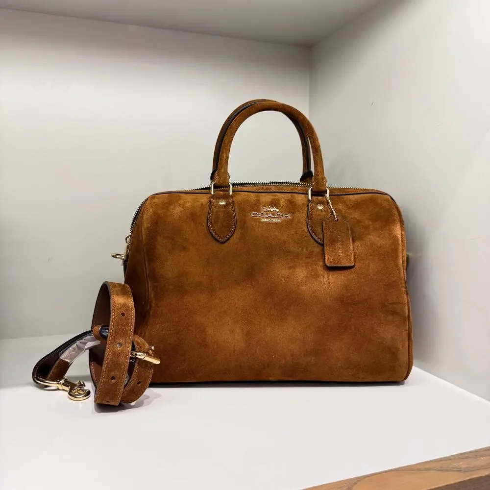 NEW‼️Coach Rowan Large Satchel Bag CET42 suede/Gold/Warm Brown